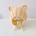 Beige baby knit hat with bear ears and chin straps, soft winter infant warmer accessory - Beige Panda - Fleece Lined