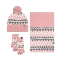 Pink winter knit set featuring pom-pom hat, scarf, and gloves with geometric patterns - 322 Pink Jacquard Set