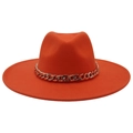 Detail of orange wide brim wool felt fedora hat featuring a chunky gold chain accessory - Adult (57-60cm) / Orange Yellow (Acrylic)