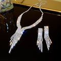 Silver V-shape fringe necklace and earring set with shimmering crystals on black surface - Silver V-Shaped Fringe (2#)