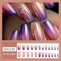 Purple gradient press-on nails with golden laser stripes and rhinestones, 24 piece set - Jelly Glue Type / DZ612-B7 Magic Starburst