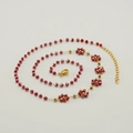 Bohemian floral necklace with red crystal beads and golden petal accents on white background - Dark Red (Necklace)