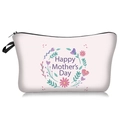 Detail of Happy Mother's Day floral print and black zipper on portable makeup bag - White Purple Floral Style (73172)