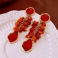 Vintage style heart drop earrings with red resin stones and amber beads in gold finish - Vintage Dangle Stone Style