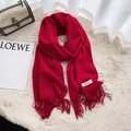 Thick solid red cashmere-like scarf with fringe tassels and minimalist woven label - Burgundy
