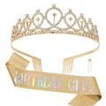 Golden Birthday Girl sash and rhinestone crown set for women's birthday party decoration - BIRTHDAY GIRL Gold Holographic Set