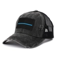 Distressed charcoal American flag trucker hat with high ponytail mesh back and embroidery - Adjustable / Grey (Thin Blue Line)