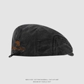 Detail of grey washed denim beret featuring bear embroidery and adjustable elastic cord - 52cm (3-6 Years) / Black