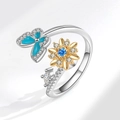 Silver open ring with blue enamel butterfly and golden sunflower with blue gemstones - AJ696 Silver Flower Butterfly Sunflower