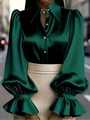 Detail of dark green satin shirt featuring oversized ruffle cuffs and white buttons - S / Top (808) / Green