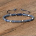 Adjustable woven bracelet with blue imperial stone beads and silver spacers - No.26 Blue Aventurine