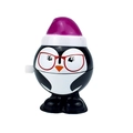 Dettaglio del giocattolo pinguino a carica con cappello viola e occhiali rossi - Serie Pinguino Saltante a Carica