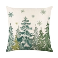 Weihnachts-Kissenbezug mit handgemalten Tannenbäumen auf cremefarbener Leinenoptik - 45x45 cm / Grüne verschneite Weihnachtsbäume