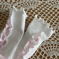 White lace Y2K ballet-style sleeve gloves with pink ribbons and ruffle trim edges - White Pink Lace Long