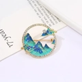 Golden Chinese style round brooch with blue enamel landscape and white rhinestones - Round Landscape Rhinestone