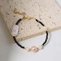 Handmade pearl bracelet with black beads and pink baroque pearl in 18k gold plating - Baroque Freshwater Pearl Black Spinel Bracelet