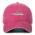 Vintage rose pink cotton baseball cap featuring 3D shark embroidery and curved brim - Rose Red