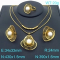 Golden double-layer flower jewelry set with pearls including necklace and ring - Gold Textured Square Pearl 3-Piece Set (KS226961-LX)