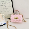 Mini pink quilted crossbody bag for girls with gold chain strap and top handle - Pink