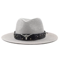 Gray cowboy straw hat with wide brim, leather band and silver bull head ornament - M (56-58cm) / Gray