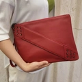Red PU leather motorcycle clutch bag with rivet accents and hand strap for women - Burgundy