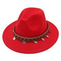 Detail of red wool felt fedora featuring ethnic woven band and silver coin pendants - Orange Red