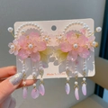 Pink cherry blossom hair clips with pearl tassels for girls hanfu accessories - Douxuehong Pink Cherry