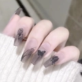 Short coffin press-on nails featuring black gradient design with butterfly and rose art - R511 Dried Rose / Nail Glue Version