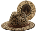 Classic leopard print wool fedora hat with wide brim and decorative leather buckle strap - M (56-58cm) / Camel