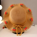 Girl's woven straw sun hat with wavy brim and red crochet cherry decorations - Cherry Straw Hat / Khaki