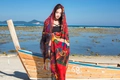 Ethnic style red beach scarf with bohemian pattern on a female model by the sea - Style 06-Red Tone Retro / 180cm