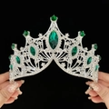 Elegant silver bridal tiara with sparkling rhinestones and large emerald green gemstones - Standard Size / Silver Green Stone