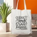 White canvas tote bag featuring Coffee Teach Sleep Repeat print for teachers - STD67-Q (Teacher Life Icons)