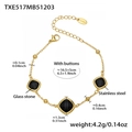 18k gold plated stainless steel bracelet with square faceted black glass stone inlay - Black Glass Stone Gold Bracelet / 16.5+5cm