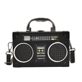 Unique black radio shaped crossbody bag with vintage speaker prints and metal handle - Black