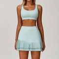 Two-piece light blue yoga set featuring a sports bra and asymmetric pleated high-waist skirt - S / Top And Bottom / Bra And Skirt / Cream Green