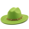 Detail of lime green felt fedora hat with a studded brown leather decorative band - M (56-58cm) / 05 Fruit Green