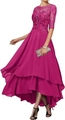 Close-up of magenta evening dress featuring lace sequins and high-low chiffon skirt - US 2 / Top And Bottom / Rose Red