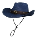 Dark blue woven western cowboy sun hat with vintage studded leather band and wind rope - M (56-58cm) / Navy Blue