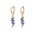 Detail of gold hoops with purple lightning bolt pendants featuring oil drip craft - Purple Lightning
