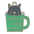 Enamel black cat in green coffee cup charm for DIY jewelry making and crafts - Cat in Green Cup