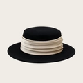 Classic black flat-top boater hat with a pleated beige satin ribbon for a vintage look - M / Black + Beige Ribbon (Winter Wool Hat)