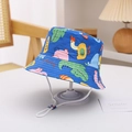 Detail of blue sun hat with cartoon prints, featuring an adjustable white chin strap - Royal Blue Cute Dinosaur