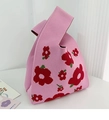 Pink knitted tote bag featuring a bold red floral pattern and triangular bucket silhouette - 20*35cm / Full Flower Pink