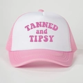 Detail of pink and white mesh trucker hat with TANNED and TIPSY text print - One Size / Pink