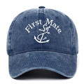 Gorra de béisbol de mezclilla azul lavado vintage con bordado First Mate y ancla - Azul marino
