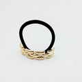 Elegant black hair tie featuring a polished gold-finish triple-row brick chain metal link - Square Block Chain Texture (Hair Tie 49) / Classic Style Replica
