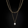 Double-layered gold paperclip chain necklace with a single white baroque pearl pendant - [H6007] Double Layer Pearl Gold