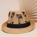 Unisex summer straw fedora hat with black ribbon and embroidered coconut tree design - One Size / Khaki