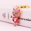 Golden lucky cat keychain with pink crystal and white rhinestones on white book background - Deep Pink